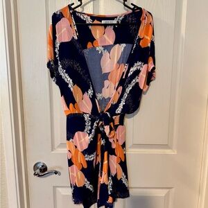 Ava Sky Navy Floral Tie-Front Romper with Peach & Orange Blooms